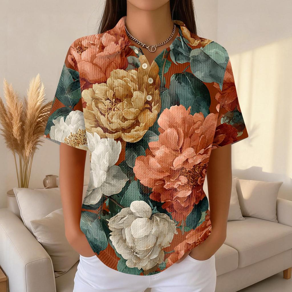 Womens Casual Short Sleeve Retro Floral Print Waffle Knit Polo Shirt Lightweight Button Down Top