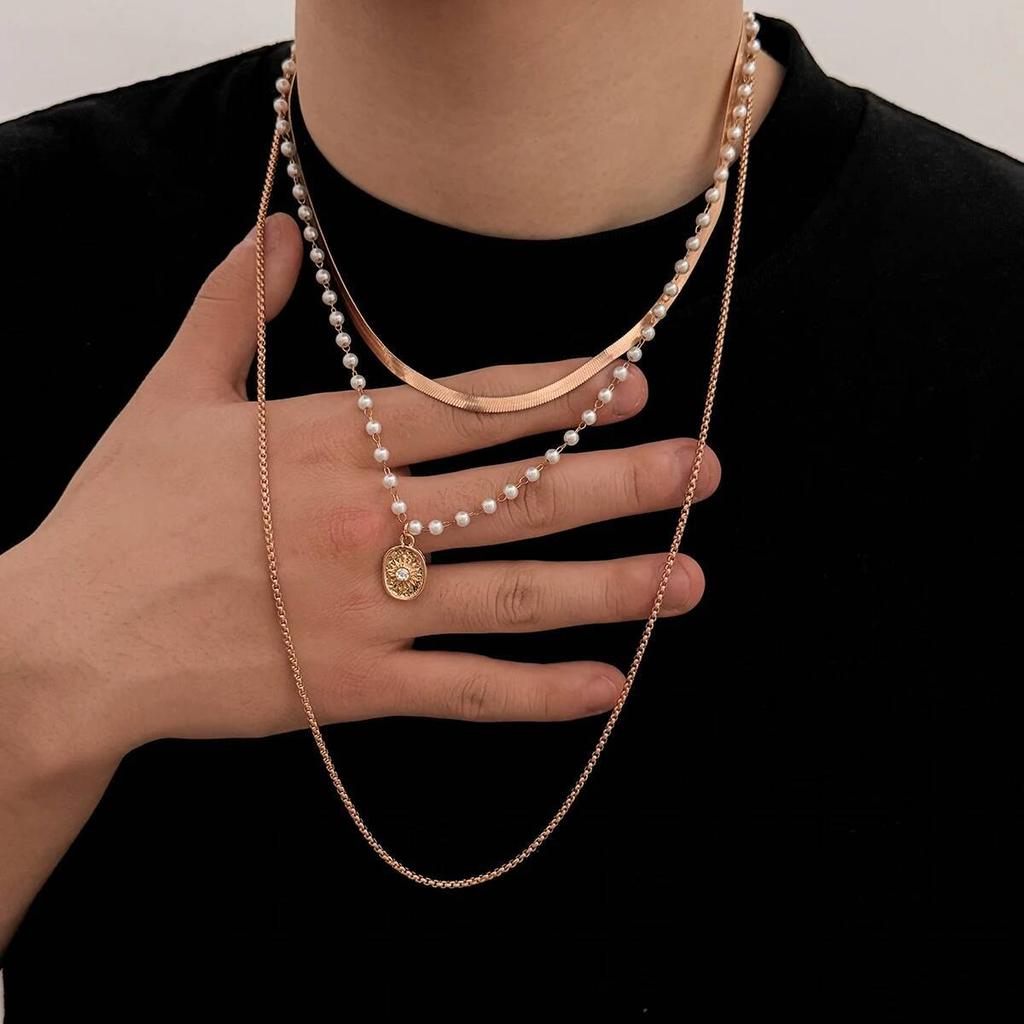 SHIXIN Exquisite 3Pcs/set Trend Imitation Pearl Coin Pendant Choker Necklace Men Punk Adjustable Gold Color Chain Grunge Jewelry