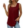 Loose Flowing Vest Top with Pleated Square Neck and Curved Hem for Summer Women Sleeveless