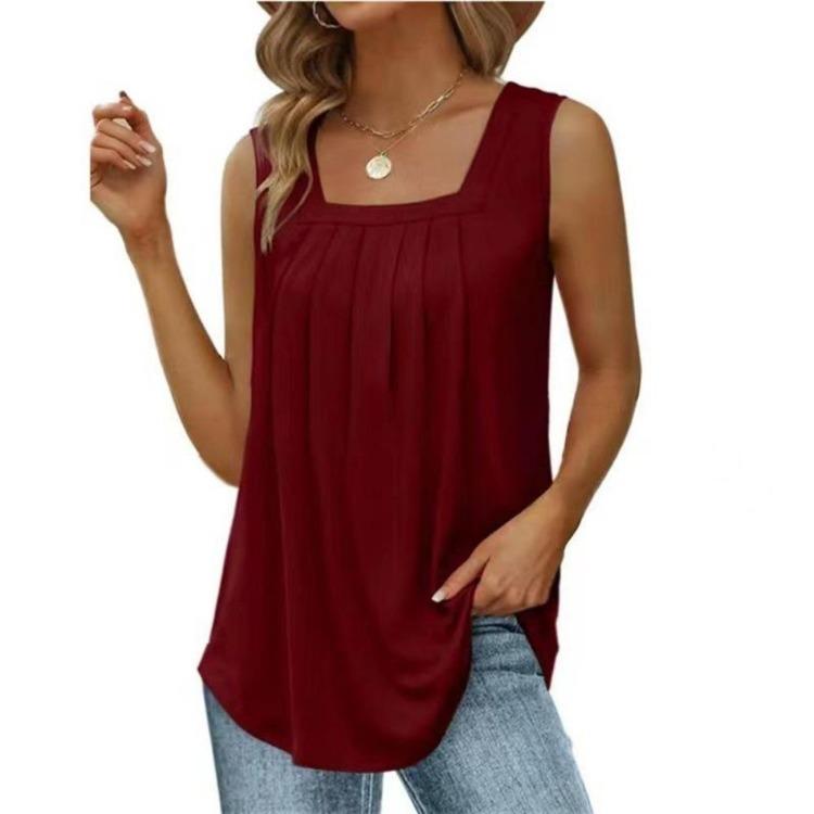 Loose Flowing Vest Top with Pleated Square Neck and Curved Hem for Summer Women Sleeveless