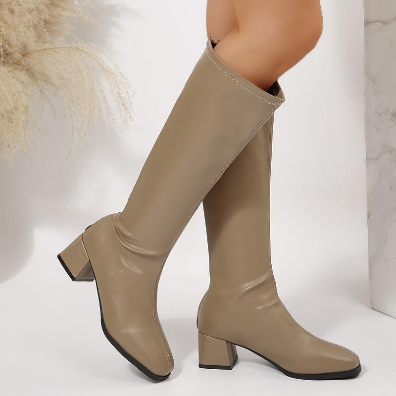 Winter Women Knee High Boots Cosy Soft Leather Thick Heel Shoes Female Vintage Slim Long Booties