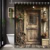 1PC Country Farmhouse Shower Curtain, Vintage Wooden Wheel & Barn Door Design, Pastoral Style,  for Bathroom & Home Decor