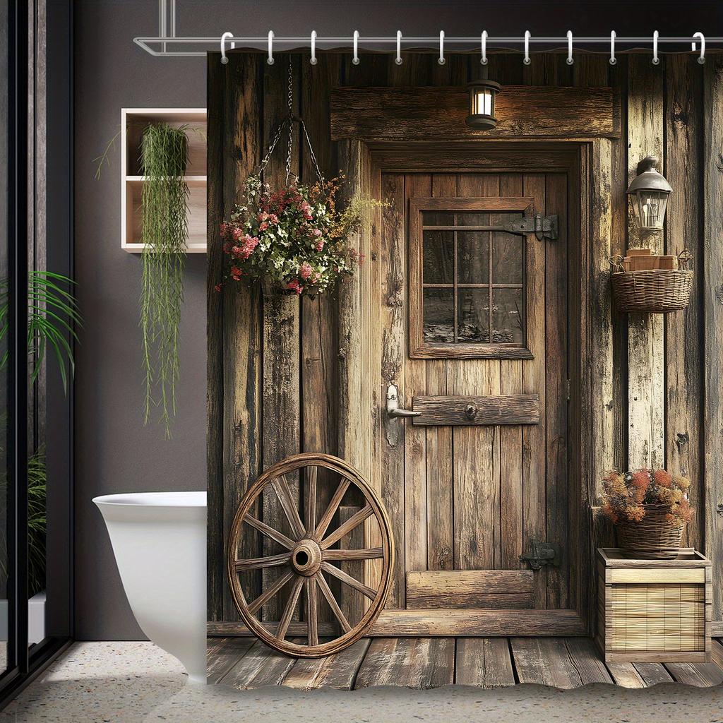 1PC Country Farmhouse Shower Curtain, Vintage Wooden Wheel & Barn Door Design, Pastoral Style, for Bathroom & Home Decor