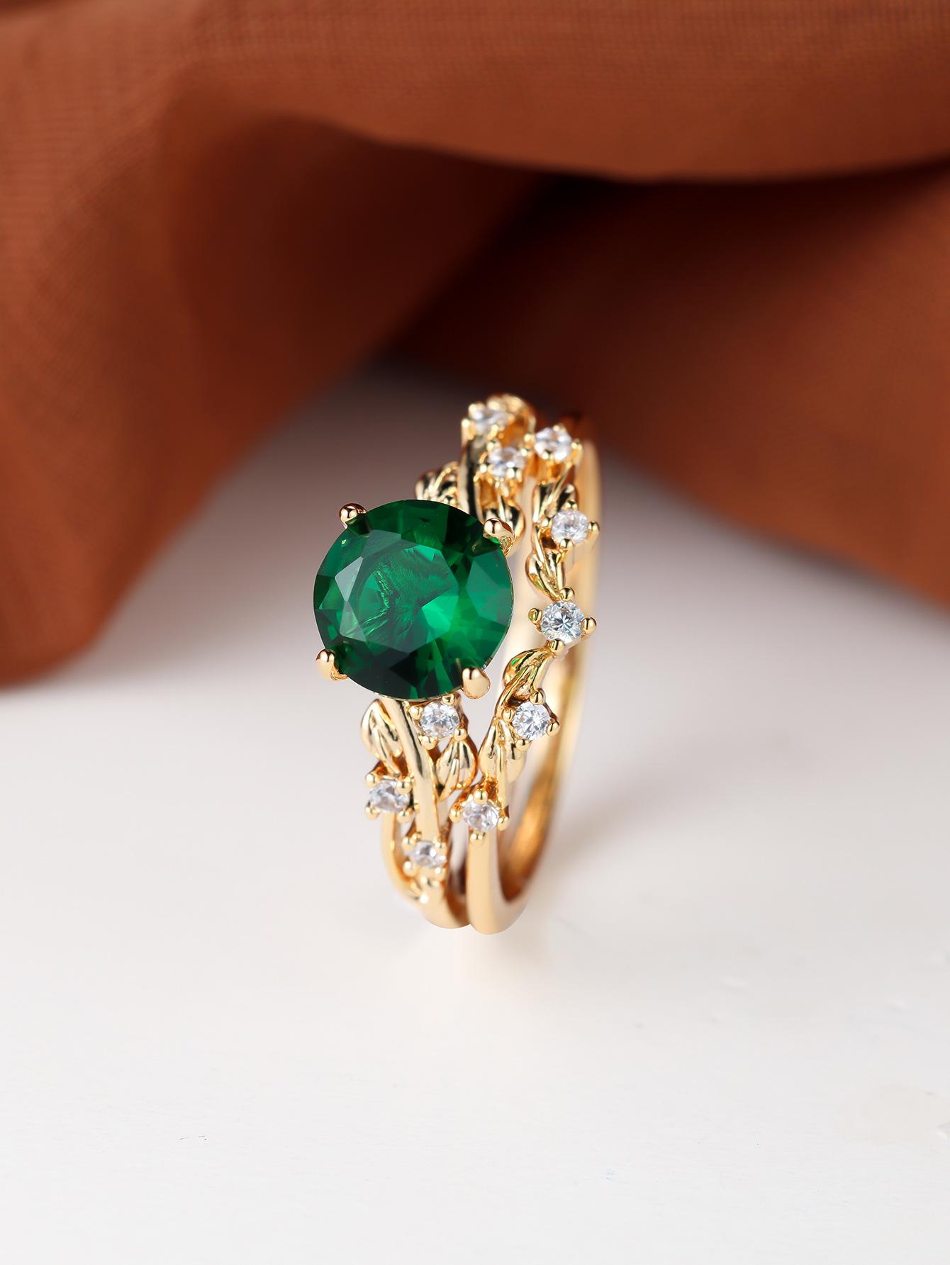 Hot-selling champagne gold green with white diamond ring, retro zircon branch design stacked jewelry ring no. 6