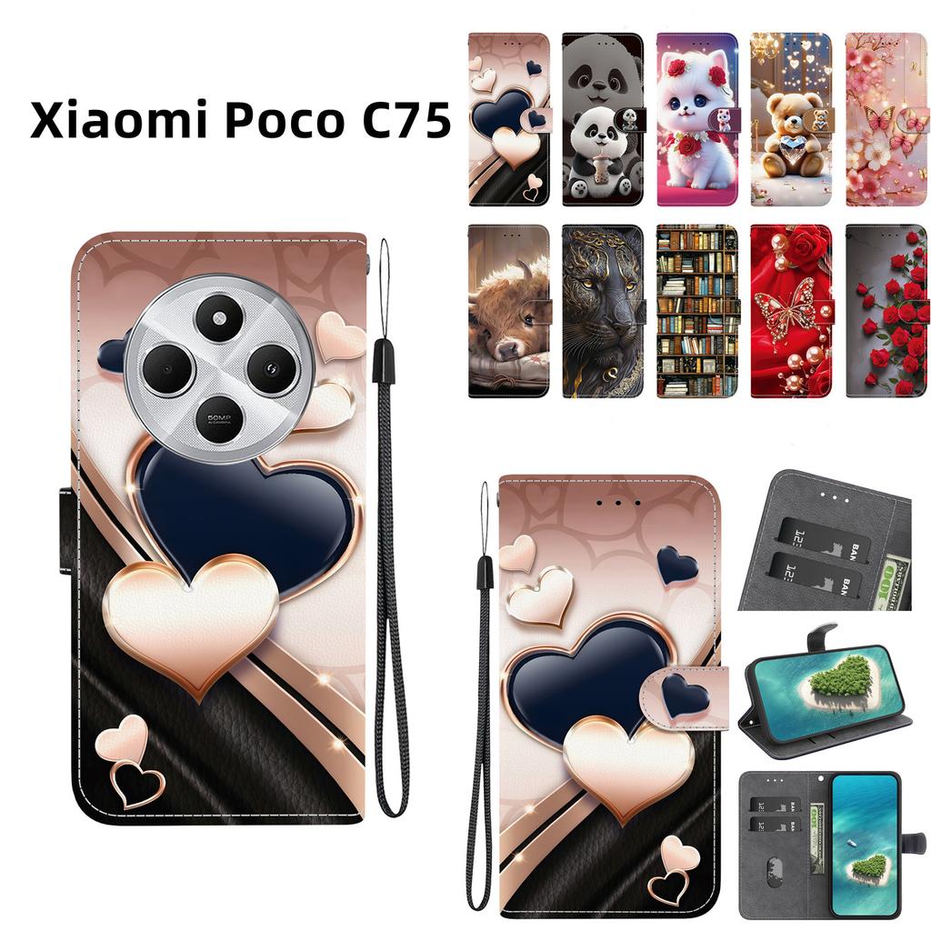 Handgefertigte PU-Leder-Klapphülle für Xiaomi Poco C75 4G Rutschfeste Stoßfeste Hülle mit Handschlaufe & Herz/Rose Katze Designs