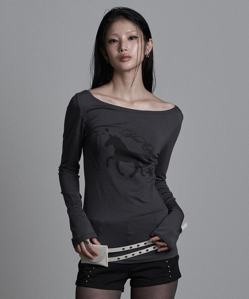 Aejeuyua Horse Boat Neck Long Sleeve Charcoal