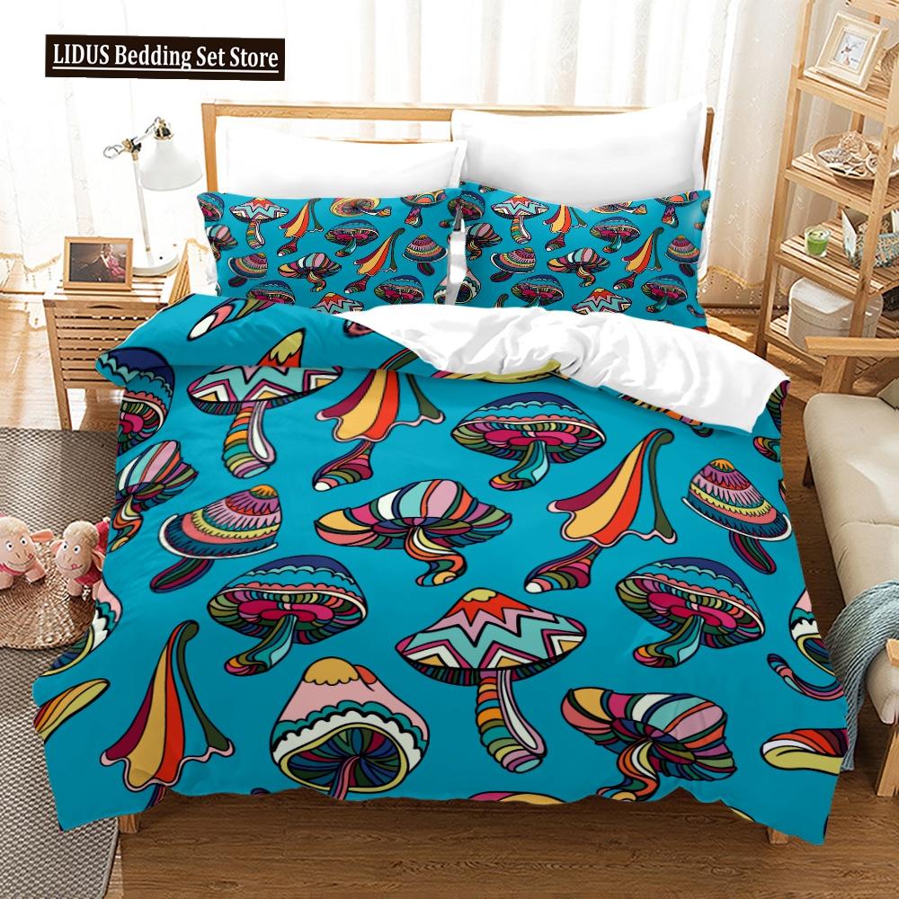 Mushroom Duvet Cover Set King Queen Size Star Purple Blue Trippy Mushroom Pattern Cartoon Polyester Bedding Set For Kid Boy Girl