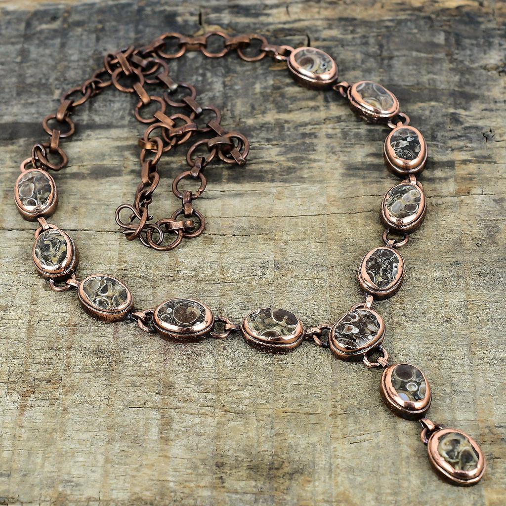 Turritella Agate Necklace Electroformed Copper Necklace Adjustable Chain Necklace Copper Gemstone Jewelry Handmade Necklace Engagement Gifts