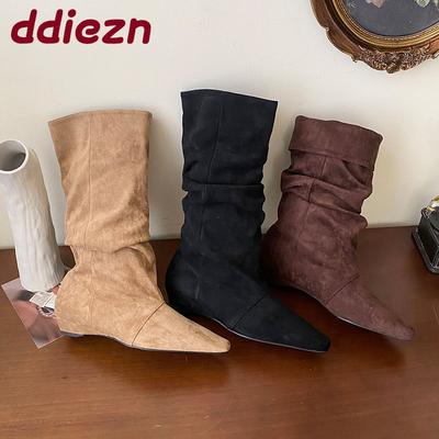 Fashion Fashion Flock Women Mid-Calf Boots Shoes With Height Increasing Footwear Pleated Ladies Modern Boots Female Slip On Shoes