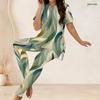 Women Plus Size Green Abstract Printed Two Piece Set Round Neck Short Sleeve Top Fitted Long Pants