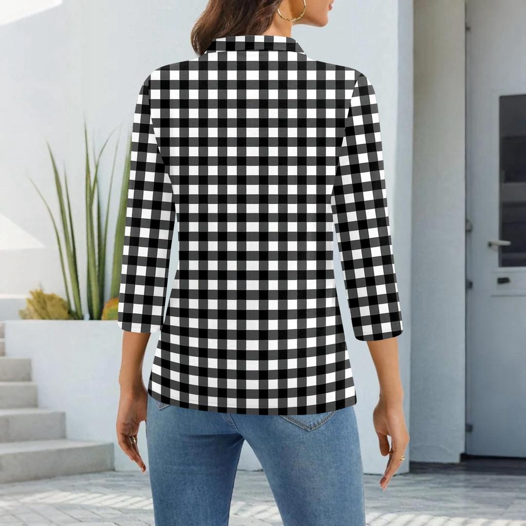 Damenmode Lässig Revers Kurz 3/4 Ärmel Print Hemd Damen Knopfleiste Oberteile