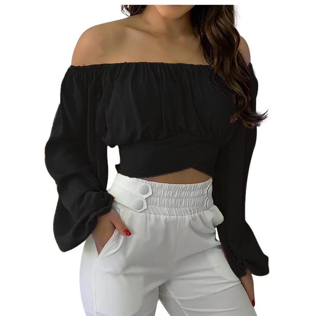 2025 Women's Off-the-Shoulder Lace-Up Long-Sleeve Top - Spring/Summer Trend