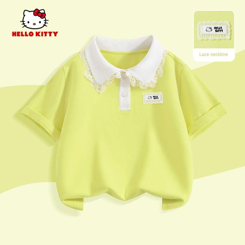 Hellokitty Girls Short-Sleeved Suit 2025 New Kidsren s Summer Denim Shorts, Stylish Girls Polo Shirt Solid Color Goose Yellow 110