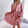Abiti Donna Primavera Estate Sexy con Fiocco a Svasatura Manica Lunga Linea ad A Colore Unico Scollo a V Mini Abito Arricciato
