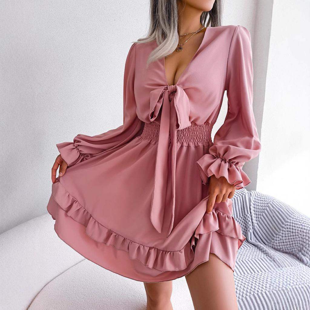 Abiti Donna Primavera Estate Sexy con Fiocco a Svasatura Manica Lunga Linea ad A Colore Unico Scollo a V Mini Abito Arricciato