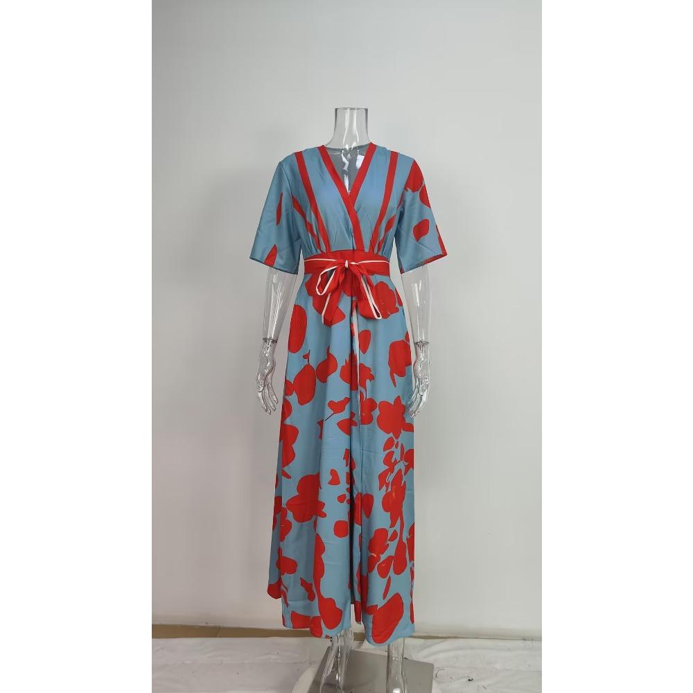 European and American Fashion Floral Print Elegant V Neck Tie Waist Maxi Dress Women