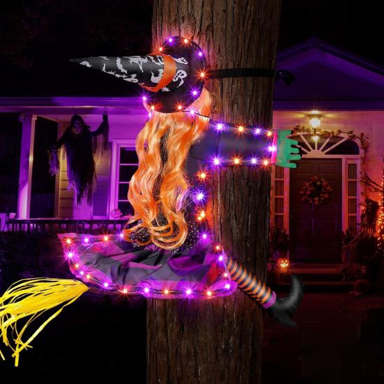 Crashing Witch Into Tree Halloween Decoration with LED Light Outdoor Lighted Flying Witch for Tree Yard Patio Porch Decoration