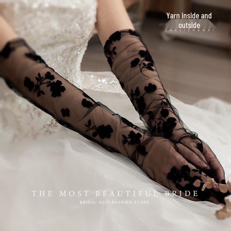 Elegant Thin Black Lace Bridal Evening Gloves with Floral Mesh Design