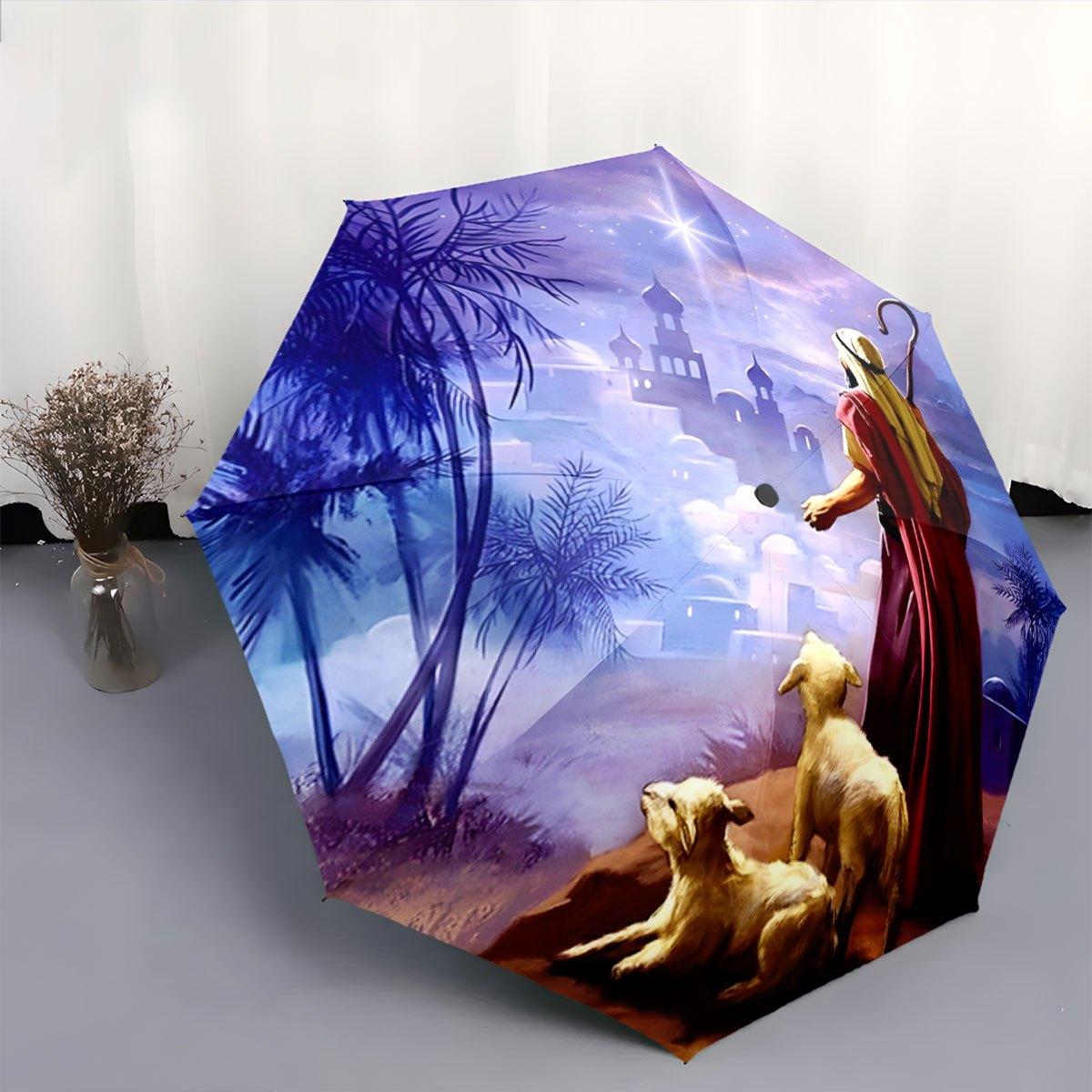 

Personalised Theme Folding Umbrella | Shepherd with Two Sheep at Dawn, 2-Layer Pongee Cloth, 8 Ribs, Automatic Open, Foldable, (as the picture,Iron&8K)