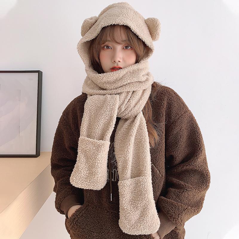 Bear hat women's winter scarf gloves three-piece cotton fleece integrated hooded cute thickened warm ear protector cotton hat