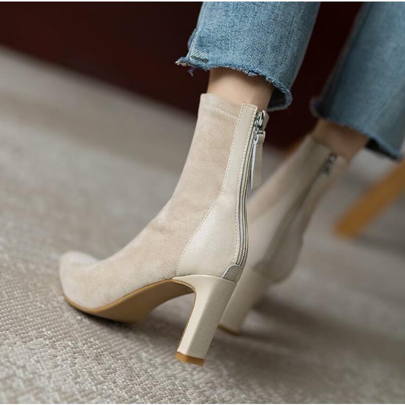 Fashion High Heel Suede Boots Women's Korean Style Autumn and Winter Mid Heel Stretch Thin Boots Pointed Toe Back Zip Sock Boots Women
