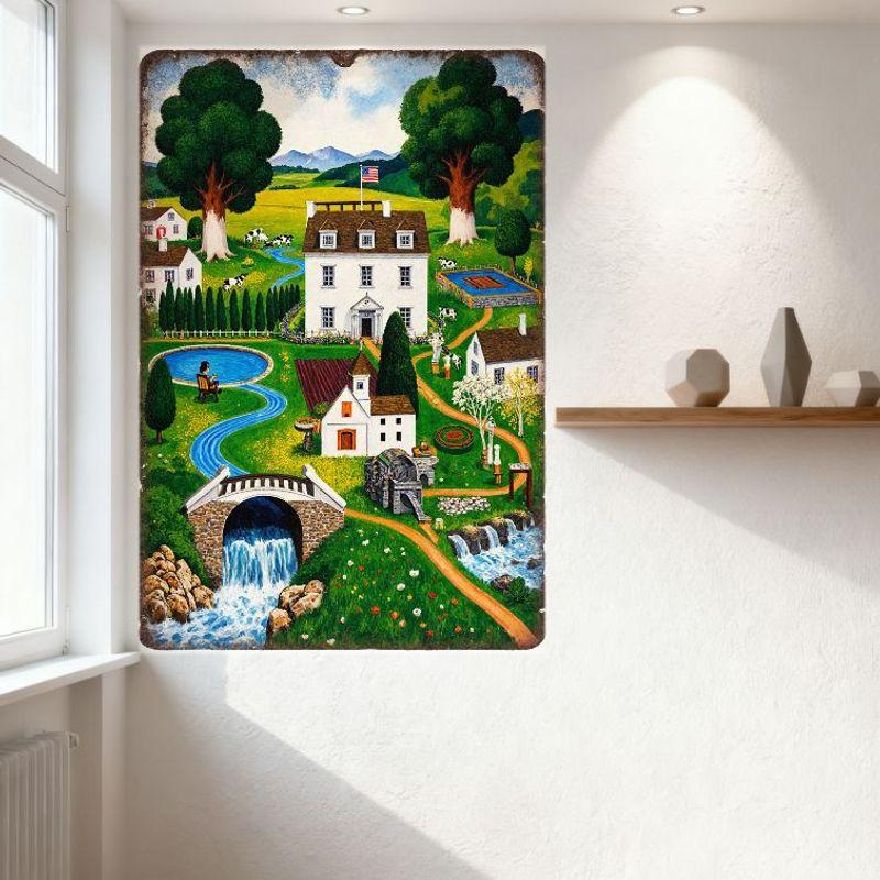 Lebhaftes skurriles ländliches Metallblechschild, zweistöckiges Haus, Bach, Kühe, Steinsmühle, sanfte Hügel - Vintage-Heimdekoration für