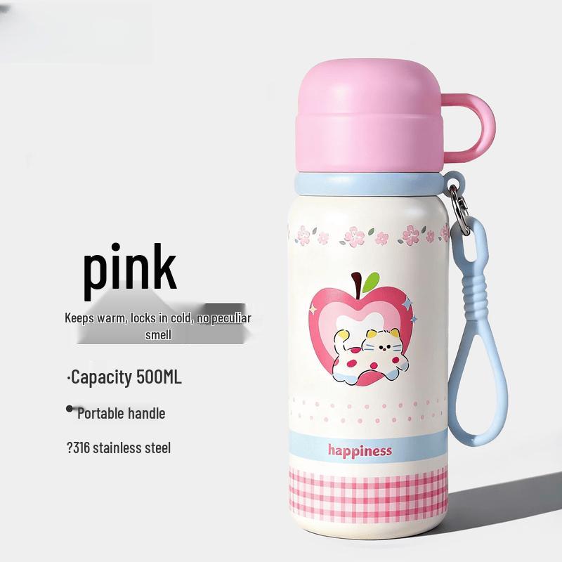 OLOEY Cute Kids Pink Stainless Steel Insulated Water Bottle with Straw