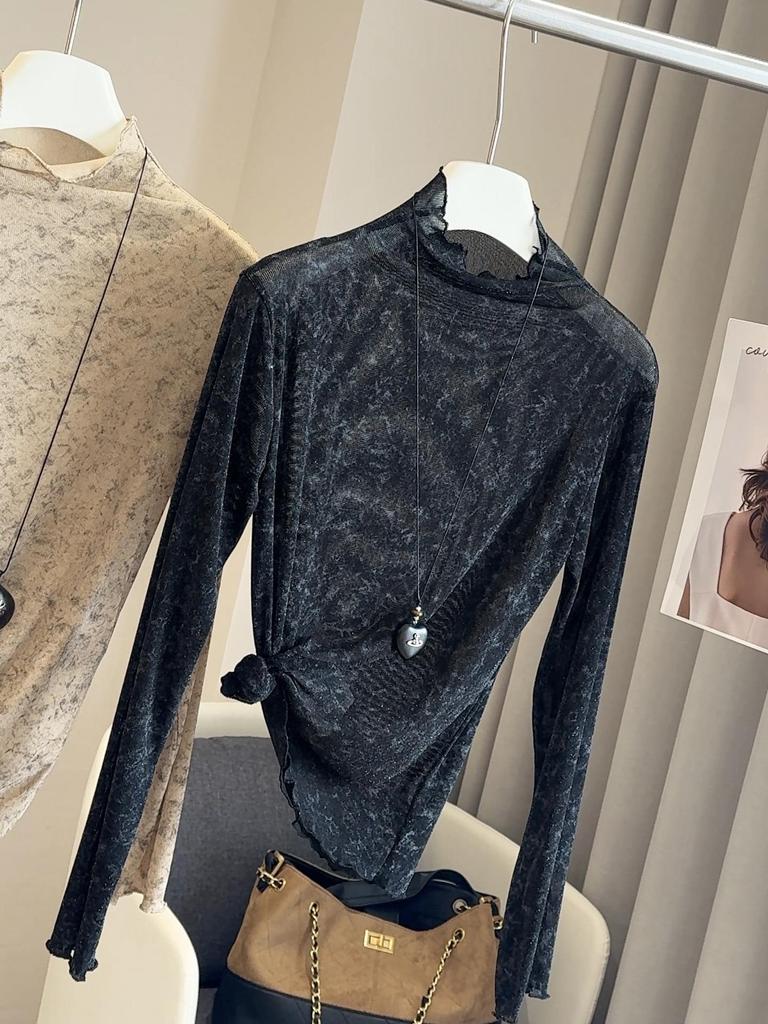 Haut de base à manches longues pour femme automne 2025, coréen, ombré, avec fil de lurex doré et col semi-montant