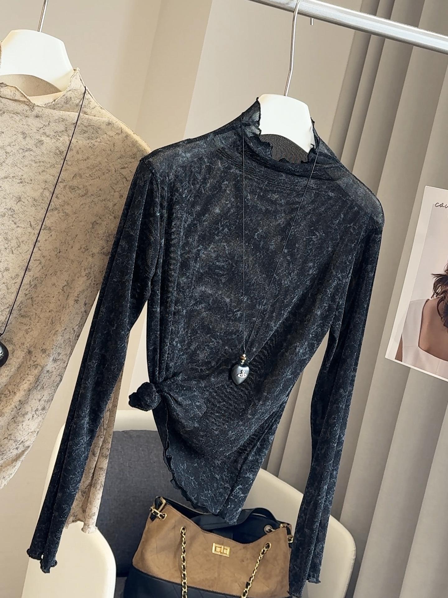 

Женский корейский осенний базовый топ с длинным рукавом и эффектом омбре, из пряжи с золотой нитью, с полувысоким воротником One Size