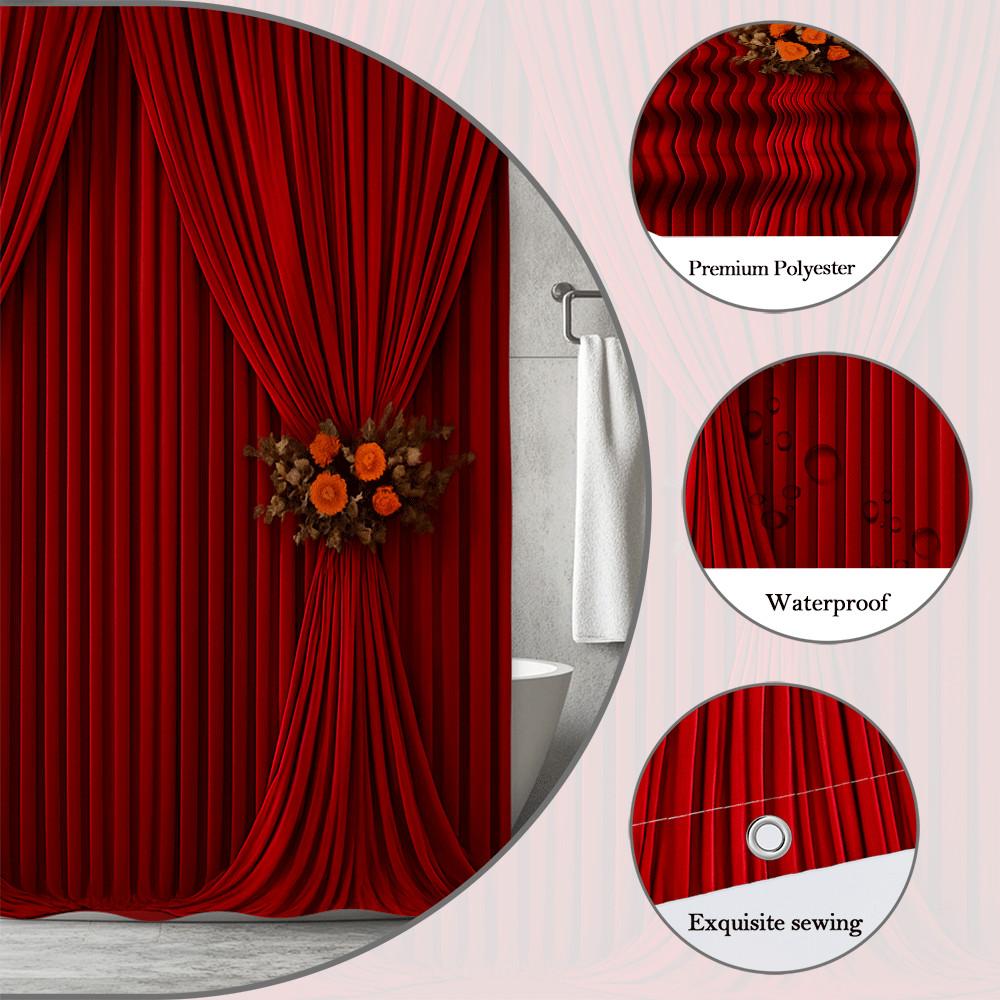 Red Velvet Theater Curtain Shower Curtain Elegant Drapes With Floral Bouquet Stage Style Bathroom Decor Waterproof Quick Setup