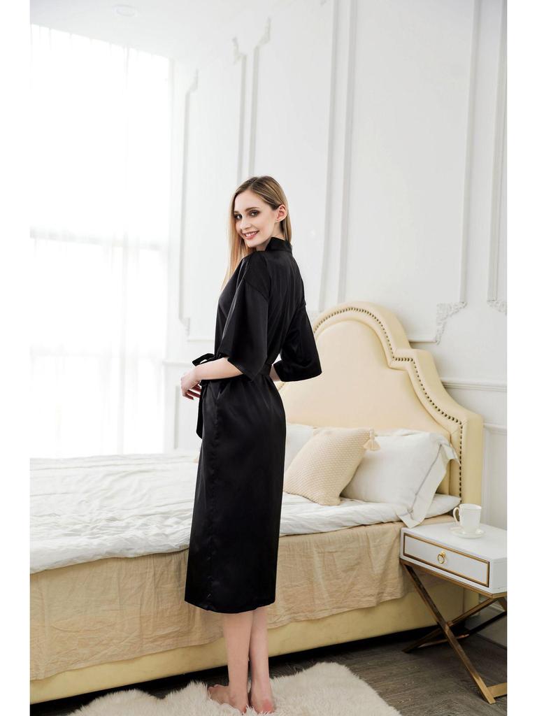 Women's Long Silk-Like Bathrobe - Solid Color Kimono Cardigan for Brides or Lounging