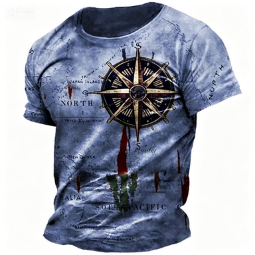 Summer Men's Retro Nautical Map T-shirt Breathable Multifunctional Niche Travel Top