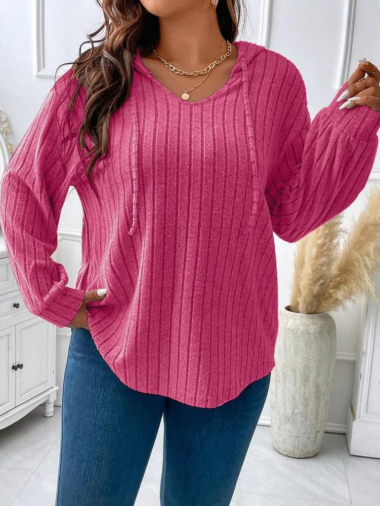 2025 Autumn/Winter V-Neck Plus Size Women's Hooded Ribbed Long Sleeve T-Shirt