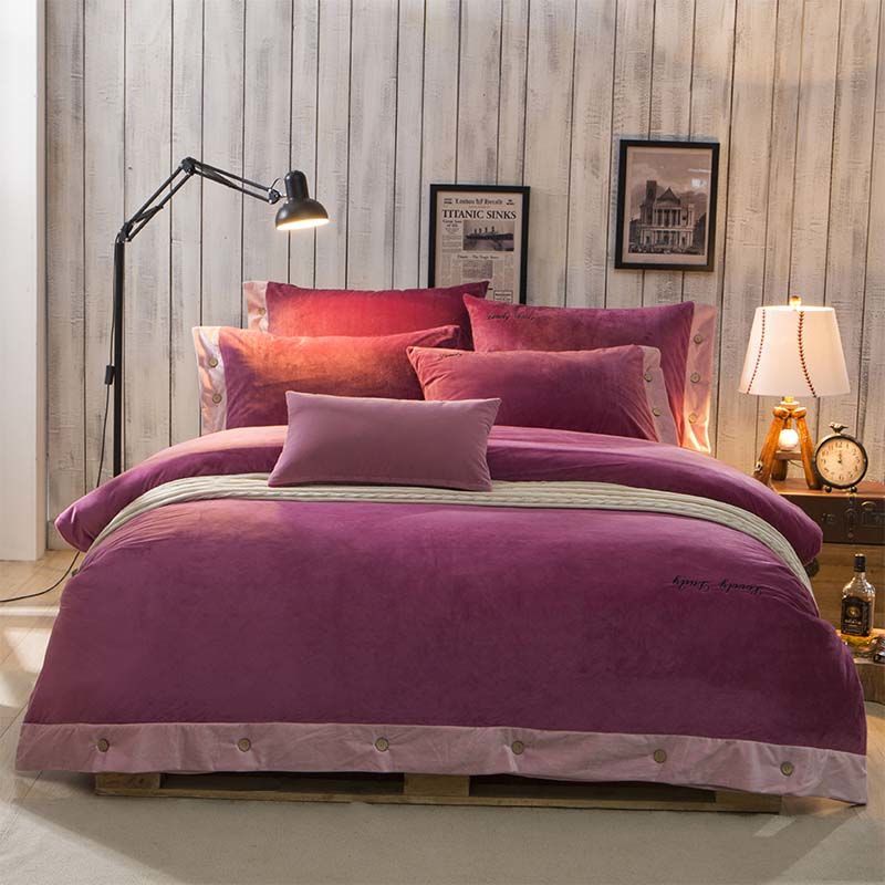 4pcs/set Pure Color Crystal Velvet Sheet Coral Velvet Thick Double-sided Duvet Cover Autumn and Winter Queen Size Bedding