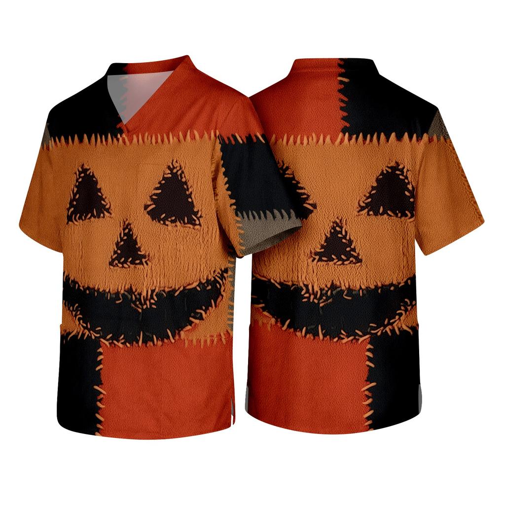 Men V Neck Short Sleeve Halloween Print Chest Pocket Scrub Top Classic Fit Comfortable Workwear Uniform Shirt