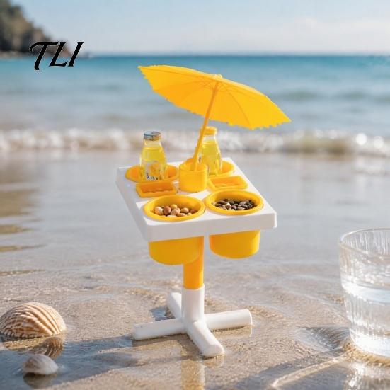 Portable Outdoor Tray Beach Snack & Drink Table, 3D Printed Sand Table with 6 Compartments, Travel Coffee Cup Holder Mini Beverage Slots for