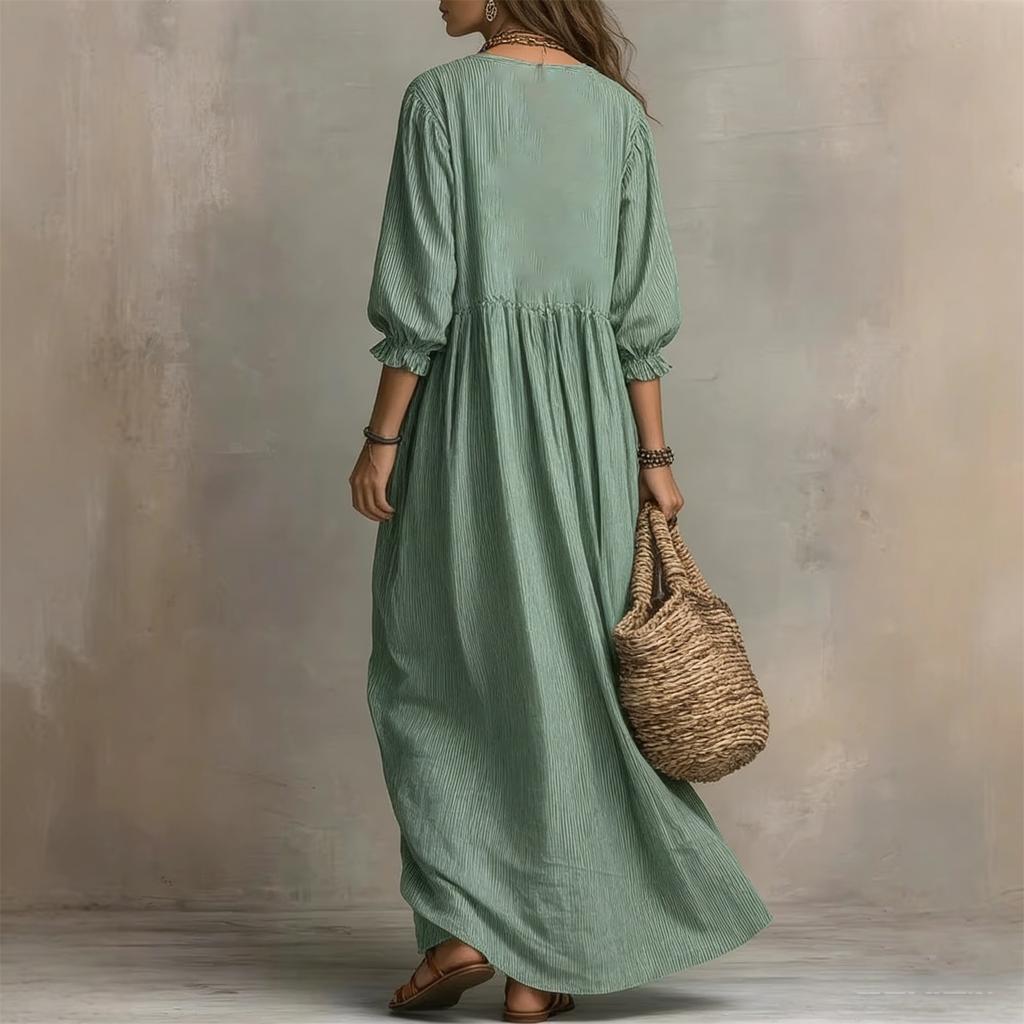 Women’s Loose Fit Maxi Dress with Long Sleeves V Neck Ruffle Lightweight Flowy Casual Style for Everyday Wear
