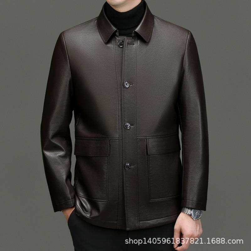 Neue Herbst- und Winterjacken aus echtem Leder für Herren mit mittellangem Revers, Lederjacken für Herren mittleren Alters und ältere Männer, Papas Jacken