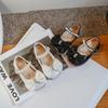 Children Fashion Girls Mary Janes Pearls Rhinestones Bow Simple Non-slip Kids Versatile Leather Shoes Simple Chic Princess Flats