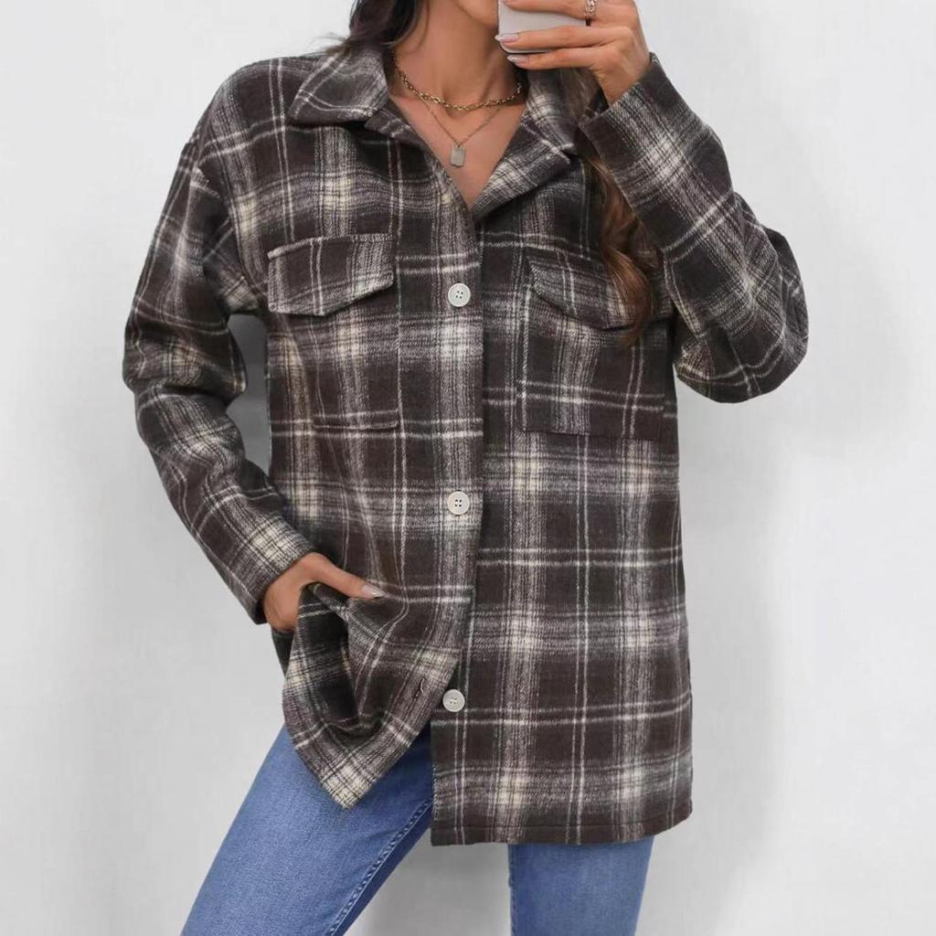 European American Women's Flannel Plaid Casual Loose Shirt Jacket