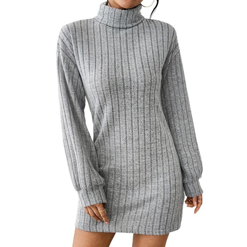 Women Autumn Winter Turtleneck Long Sleeve Dress Knee Length Top
