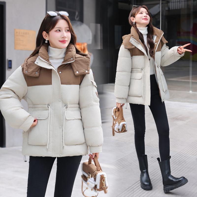 Contrasting Color Short Down Cotton Clothes Women's Winter New Waist Hooded Loose Thickened Coat