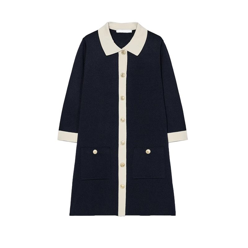 

Spring New Women s Clothing French Style Classic Style Lapel Gold Decorated Row Button Knitting Short Dress 1822101 Sea Blue L