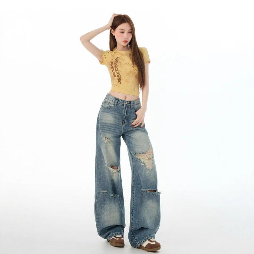 Comfortable Broken Hole Washed Wide-legged Jeans Women's Autumn Loose High Waist Thin Straight Dragging Long Trousers Jeans for Women Long Denim Pants