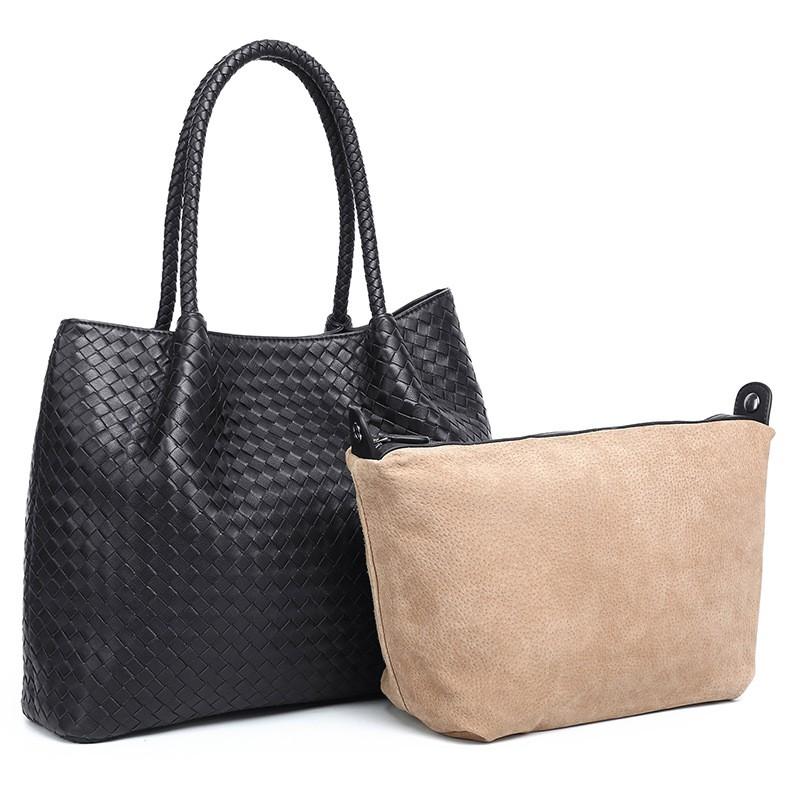 Womens Genuine Leather Shoulder Bag Handwoven Bucket Style With Dual Straps Multi-Compartment Interior