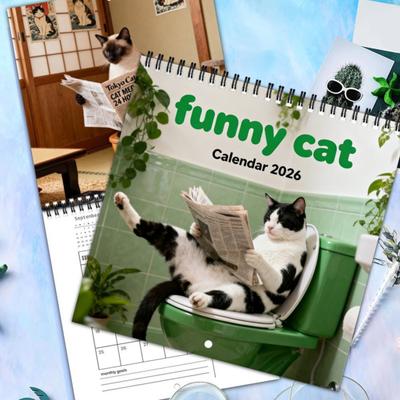 2026 Funny Cat Calendar 12-Month Wall Calendar Hilarious Cats On Toilet Reading Newspaper Cat Lover Gift for Home Office Decor