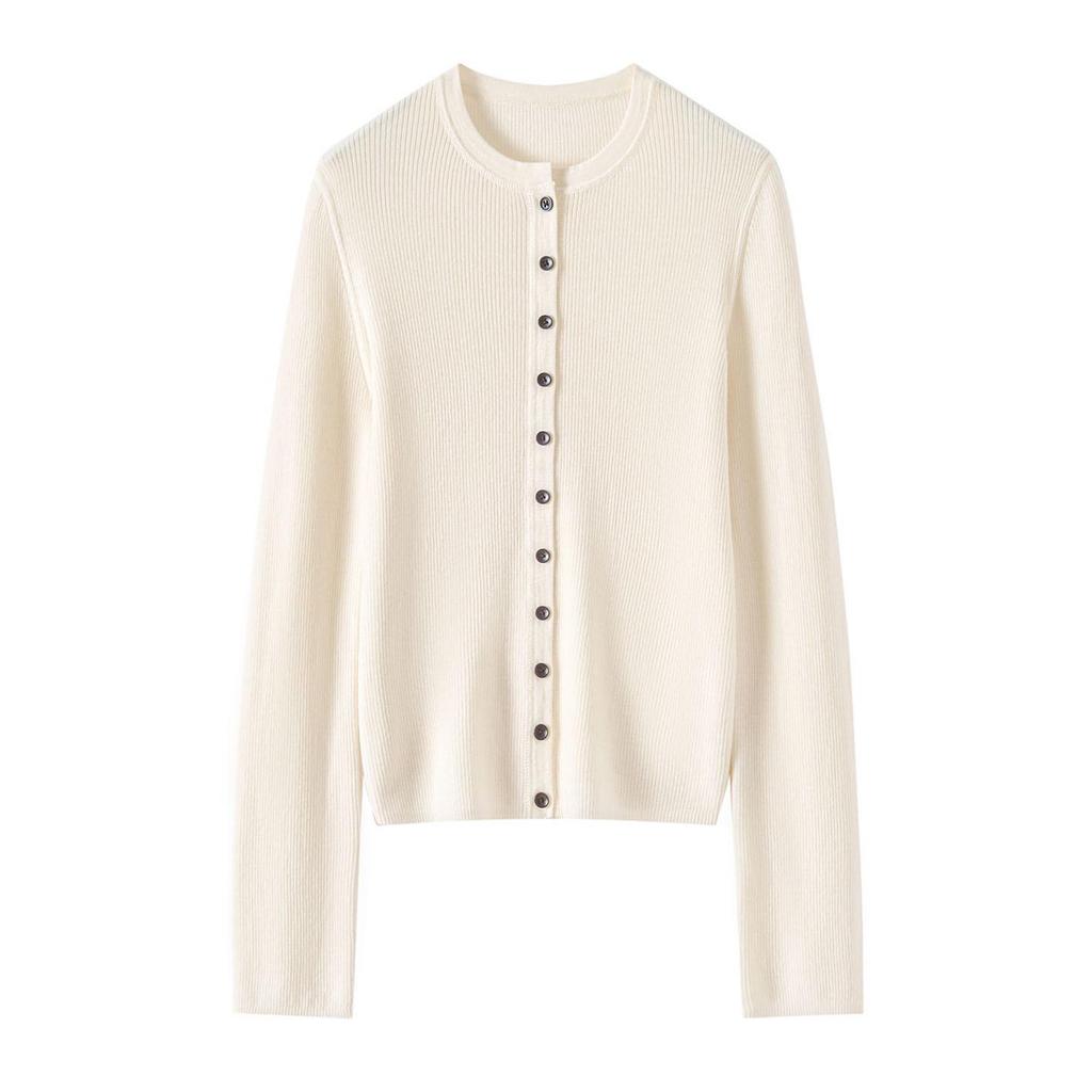 Women's 100% Fine Wool Ribbed Button-Up Cardigan, Round Neck Knitwear – Elegant & Versatile Jacket