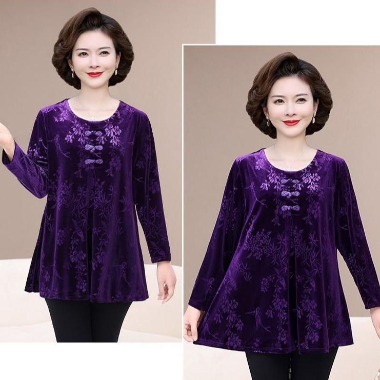 Women's Plus Size Velvet Blouse Round Neck Jacquard Loose Pullover Base Shirt Long Sleeve Velvet T-Shirt Top