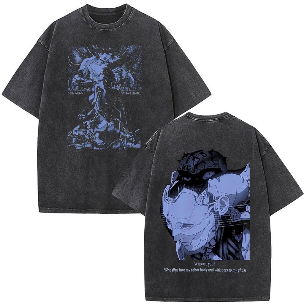 Camisetas Gráficas Vintage Lavadas de Anime Ghost in The Shell Motoko Kusanagi para Hombre y Mujer Moda Camisetas de Manga Corta Oversize