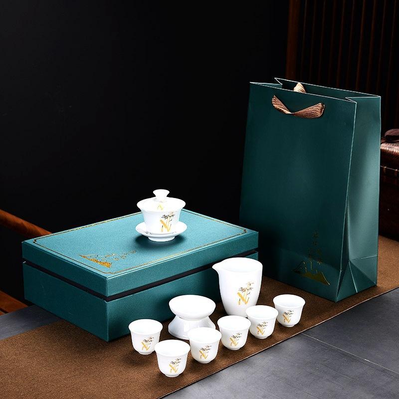 Household Kung Fu Tea Set High White Porcelain Blue and White Tea Set Business Gifts
